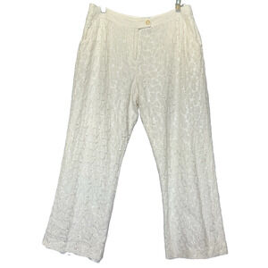 Womens Eyelet Wide Leg Minimalist Linen Pants Size 14‎ Resort Luxury Embroidered